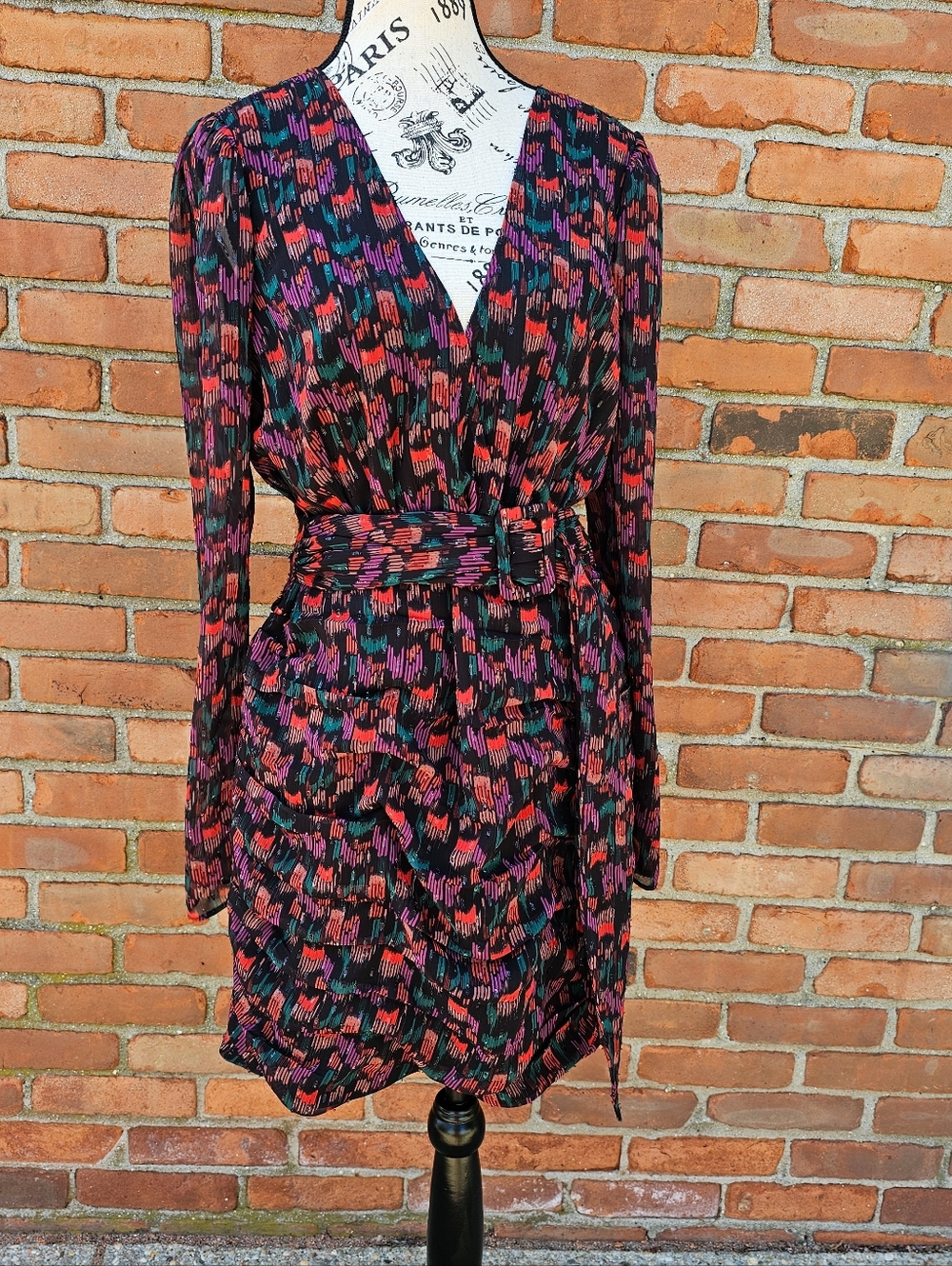 Stevie May Embellished Mini Dress Size L (S/M Fit) Multicolor V-Neck Belted Ruff